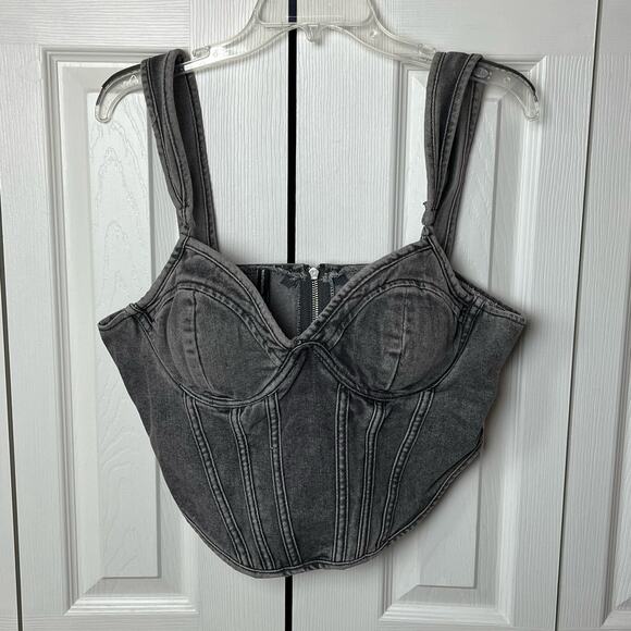 Pretty Little Thing Washed Gray Dip Hem Bust Cup Denim Corset 10 - Picture 1 of 7